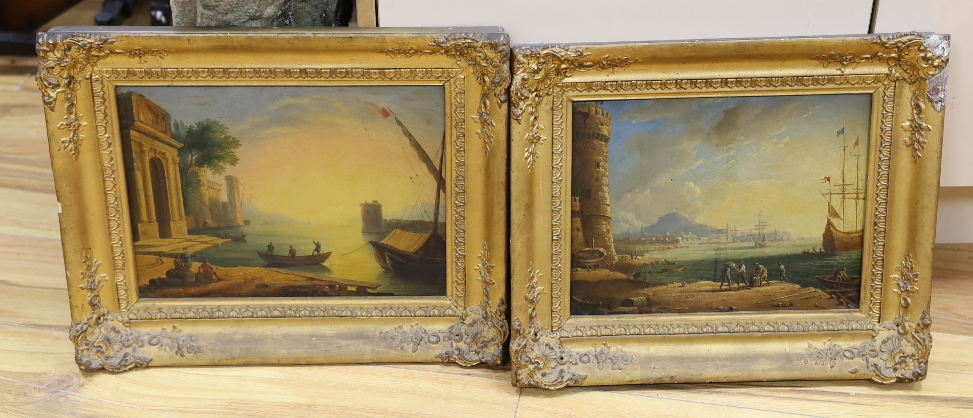 19th century Continental School, pair of oils on board, Harbour scenes with ruins and figures, gilt framed, 23 x 30cm